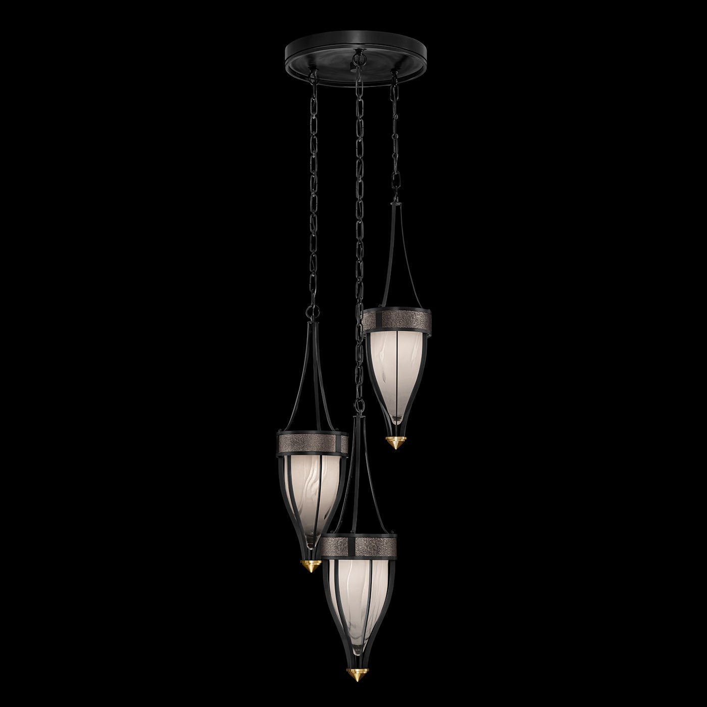 17.5 Inch Handblown Glass and Shagreen Pendant Light / Black Iron / Brass / Pebble