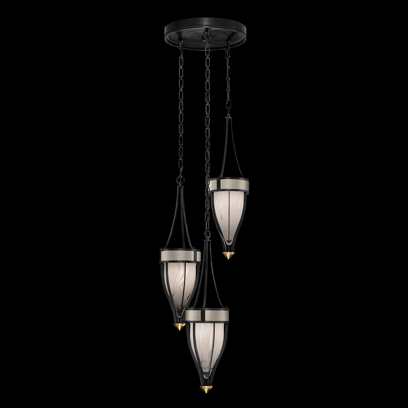 17.5 Inch Handblown Glass and Shagreen Pendant Light / Black Iron / Brass / Coco