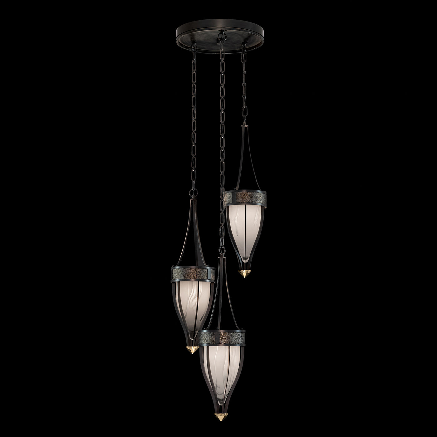 17.5 Inch Handblown Glass and Shagreen Pendant Light / Black Iron / Brass / Black Knight