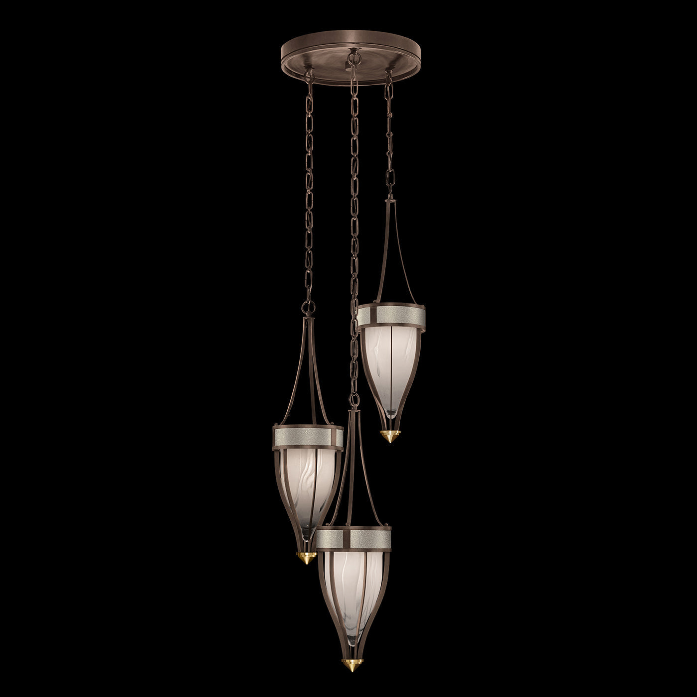 17.5 Inch Handblown Glass and Shagreen Pendant Light / Bronze / Brass / Coco