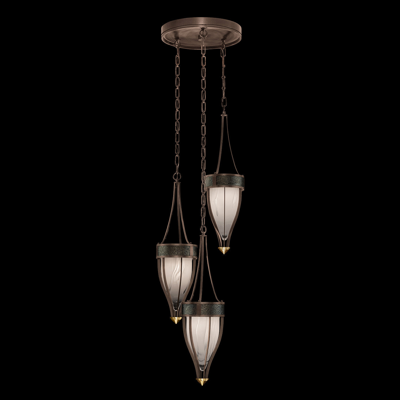 17.5 Inch Handblown Glass and Shagreen Pendant Light / Bronze / Brass / Black Knight