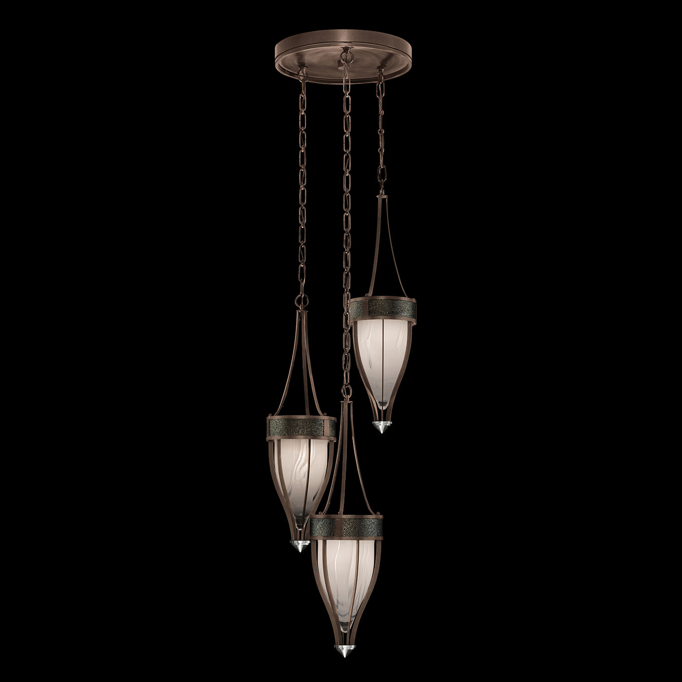 17.5 Inch Handblown Glass and Shagreen Pendant Light / Bronze / Nickel / Black Knight