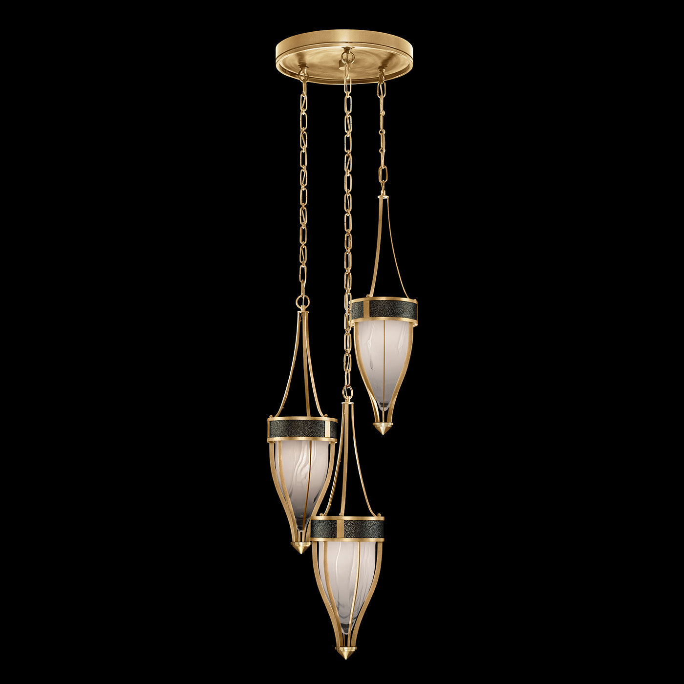 17.5 Inch Handblown Glass and Shagreen Pendant Light / Gold Leaf / Brass / Black Knight