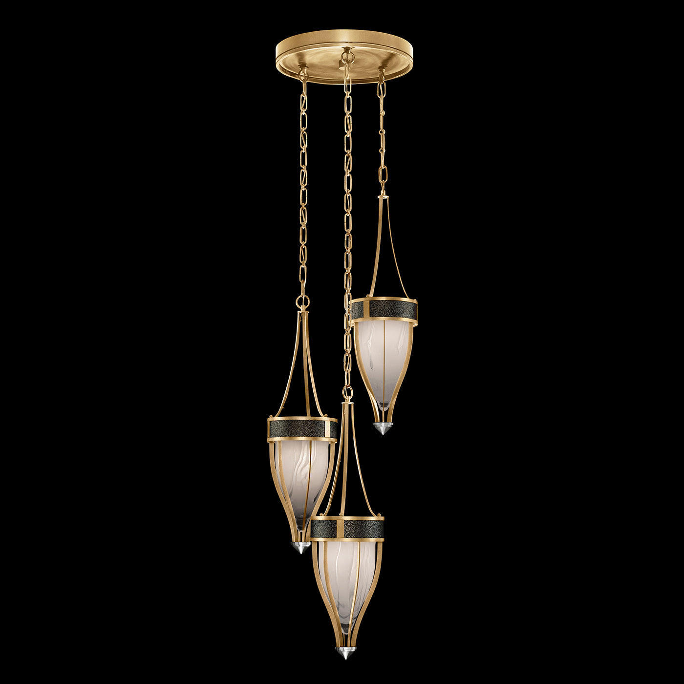 17.5 Inch Handblown Glass and Shagreen Pendant Light / Gold Leaf / Nickel / Black Knight