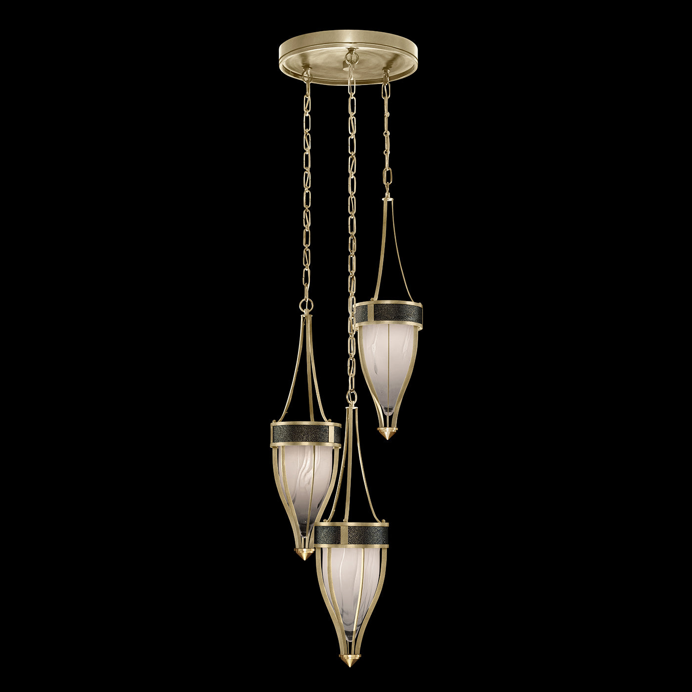 17.5 Inch Handblown Glass and Shagreen Pendant Light / Soft Gold Leaf / Brass / Black Knight