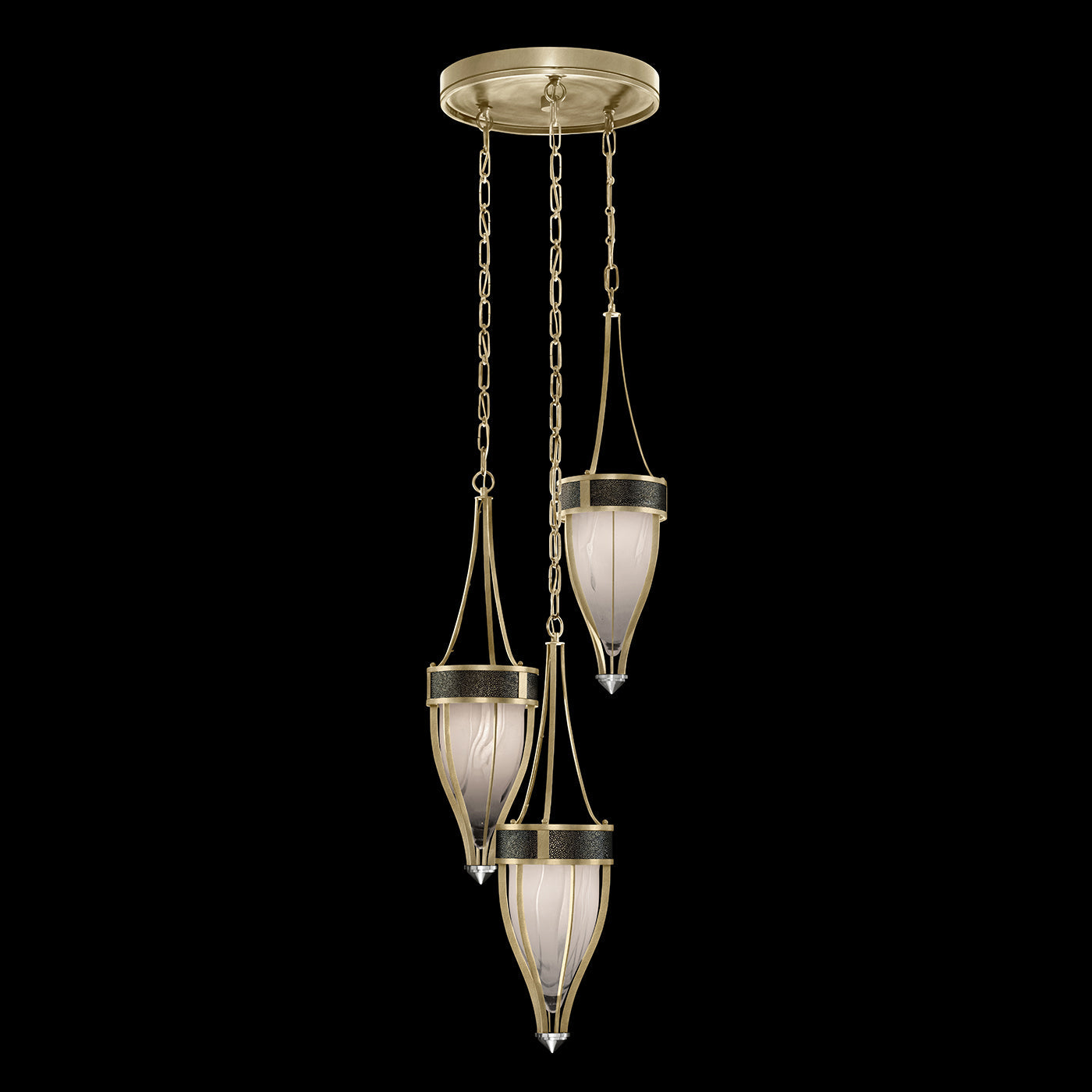17.5 Inch Handblown Glass and Shagreen Pendant Light / Soft Gold Leaf / Nickel / Black Knight