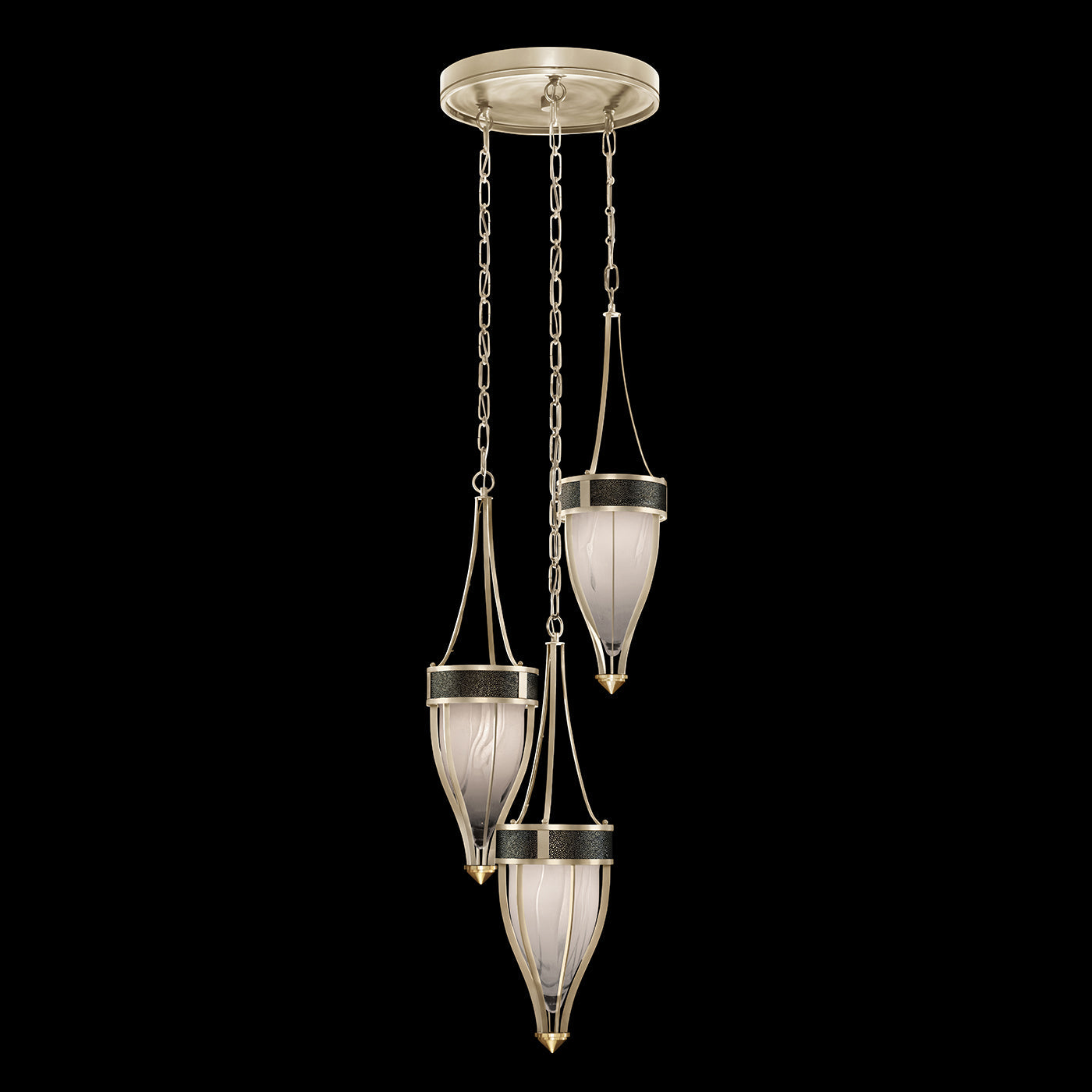 17.5 Inch Handblown Glass and Shagreen Pendant Light / Champagne / Brass / Black Knight