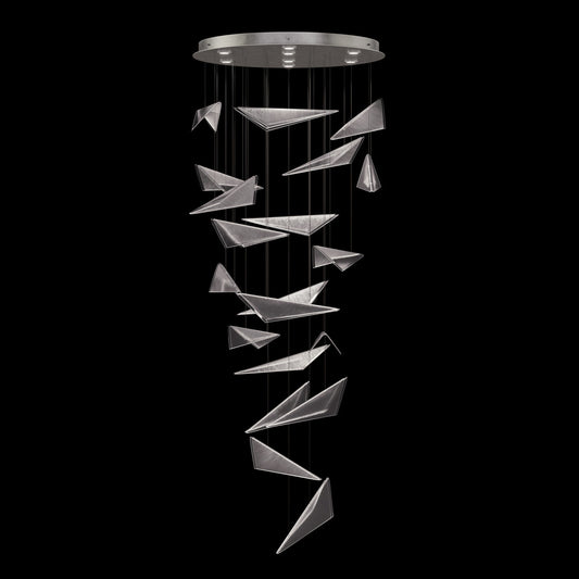 36 Inch Cascading Textured Glass Pendant Light / Silver / Clear Linear