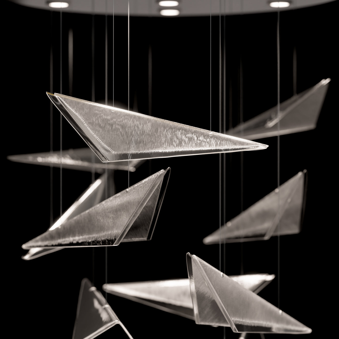 36 Inch Cascading Textured Glass Pendant Light / Silver / Smoke Linear