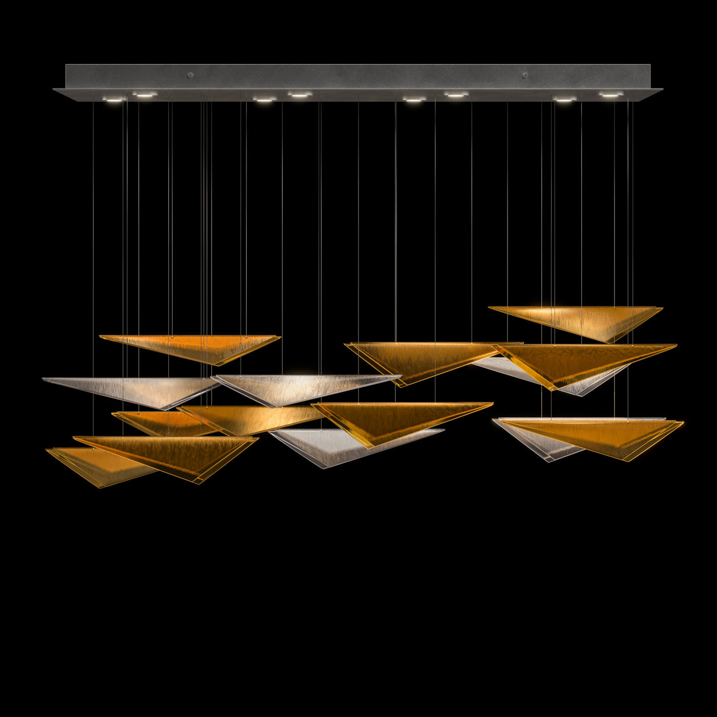 58 Inch Cascading Glass Linear Pendant / Silver / Smoke Hammered