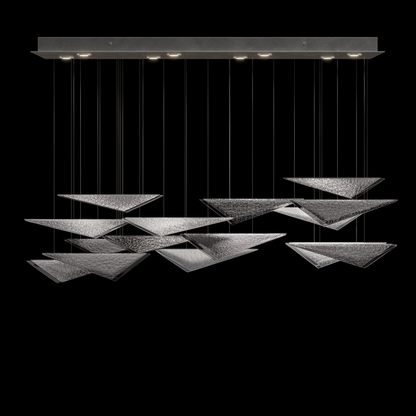 58 Inch Cascading Glass Linear Pendant / Soft Gold / Clear Hammered