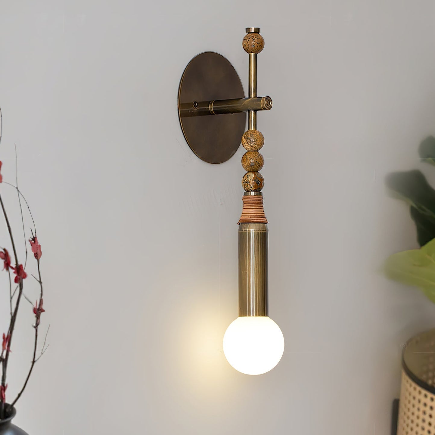 Antique Brass and Marble Statement Wall Light / ∅ 5.9" x W 4.5" x H 18.9" / Antique Brass & White Marble