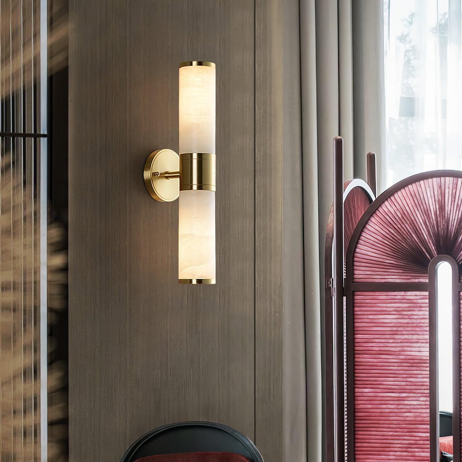 Antique Brass Double Alabaster Wall Light / ∅ 3.1″ x H 17.3″ / Dia 8cm x H 44cm / Gold & White