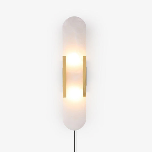 Elongated Alabaster Plug-In Wall Light / ∅ 3.9″ x H 13.8″ / Dia 10cm x H 35cm / Brass / US Plug