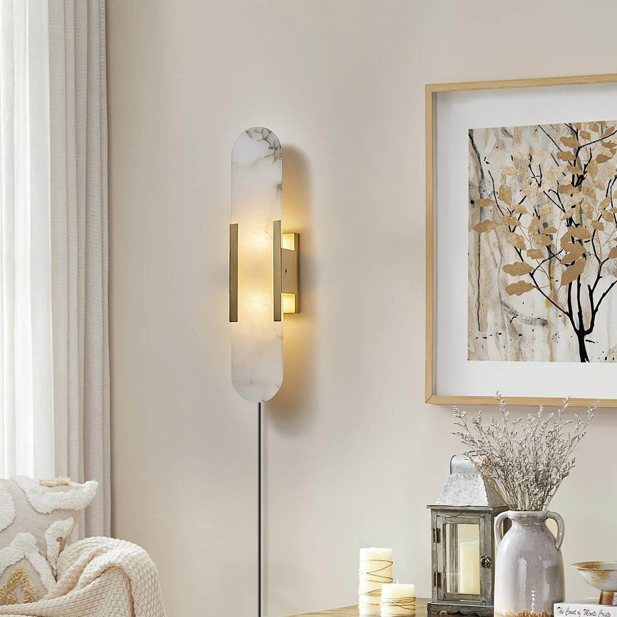 Elongated Alabaster Plug-In Wall Light