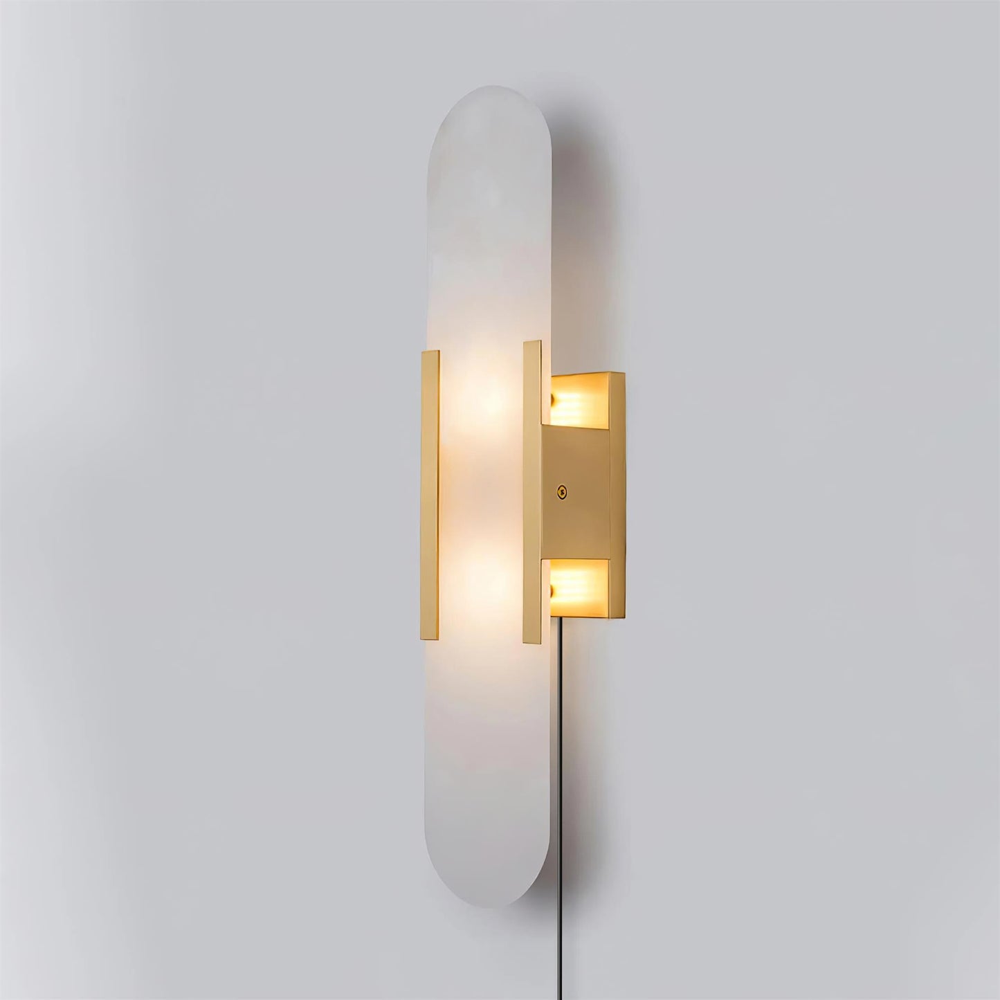 Elongated Alabaster Plug-In Wall Light / ∅ 3.9″ x H 19.7″ / Dia 10cm x H 50cm / Brass / EU Plug
