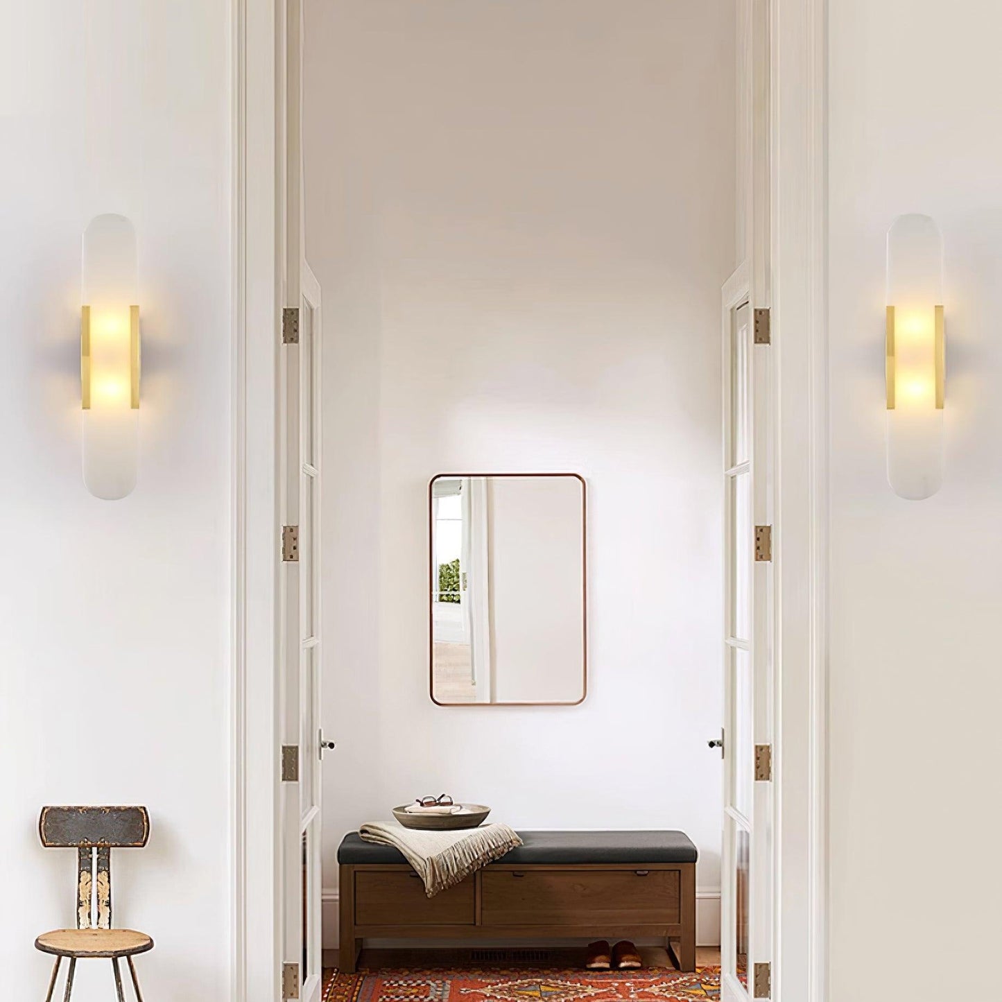 Elongated Alabaster Plug-In Wall Light / ∅ 3.9″ x H 19.7″ / Dia 10cm x H 50cm / Black / UK Plug