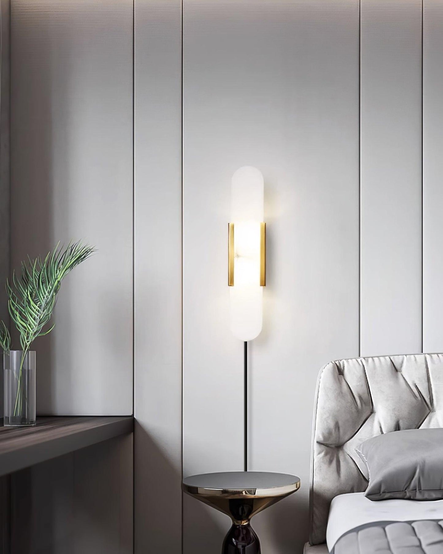 Elongated Alabaster Plug-In Wall Light / ∅ 3.9″ x H 13.8″ / Dia 10cm x H 35cm Set of 2 / Brass / AU Plug