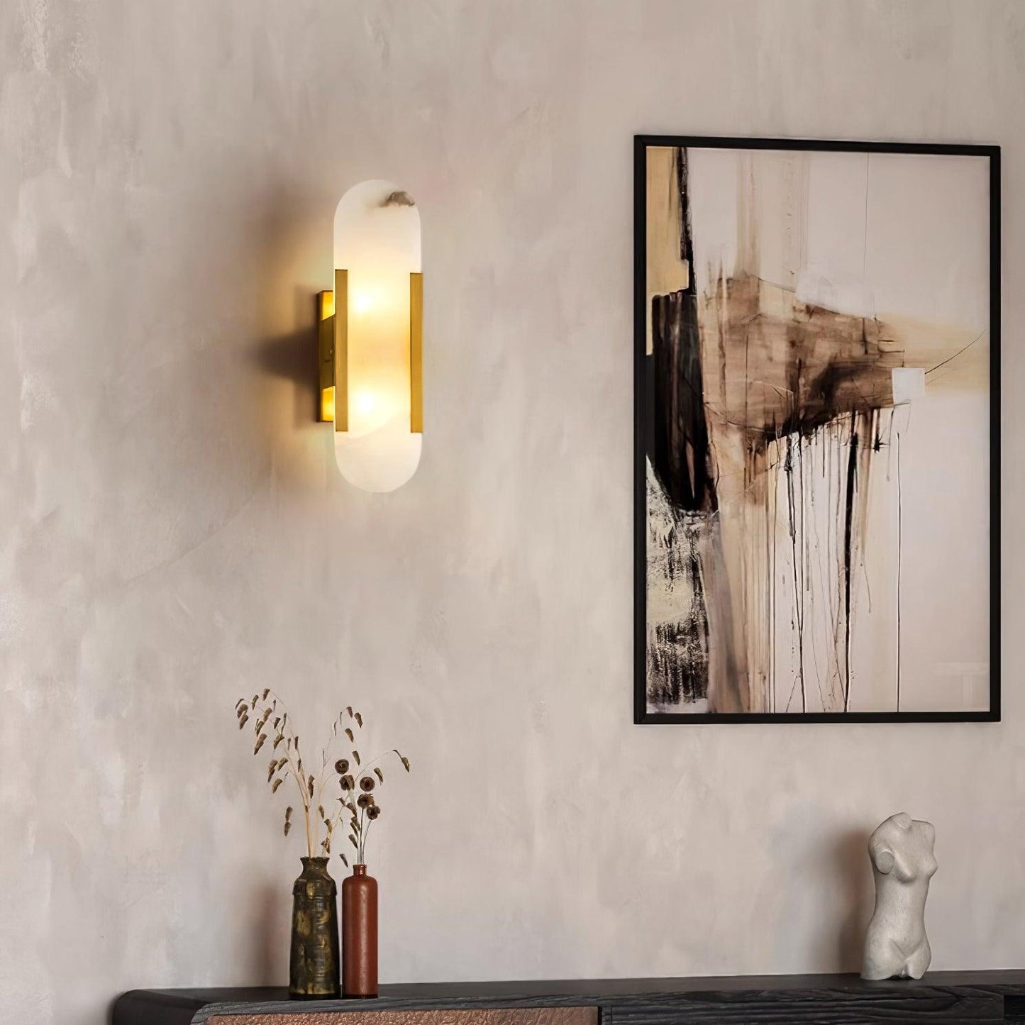 Elongated Alabaster Plug-In Wall Light / ∅ 3.9″ x H 13.8″ / Dia 10cm x H 35cm Set of 2 / Black / AU Plug