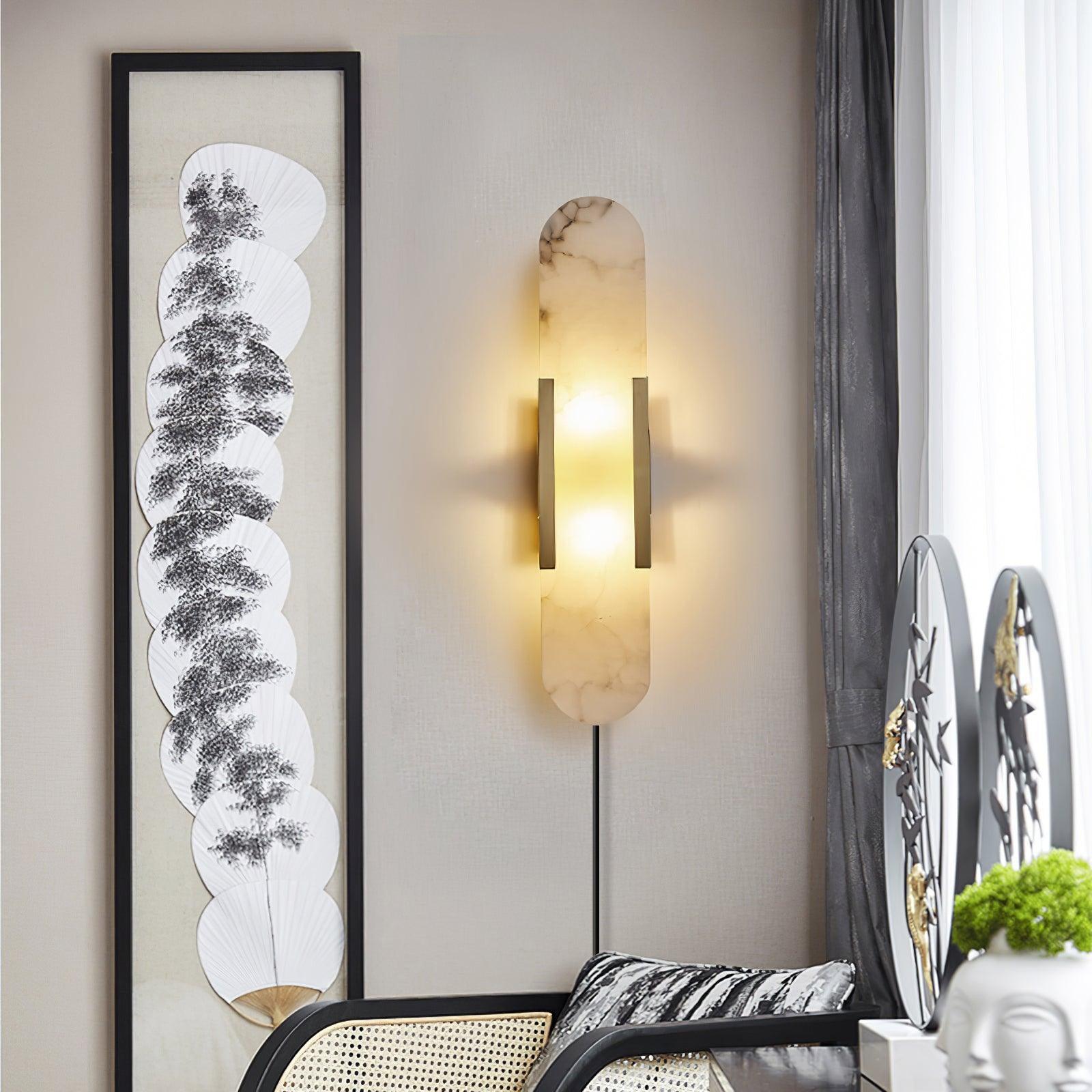 Elongated Alabaster Plug-In Wall Light / ∅ 3.9″ x H 19.7″ / Dia 10cm x H 50cm Set of 2 / Brass / UK Plug