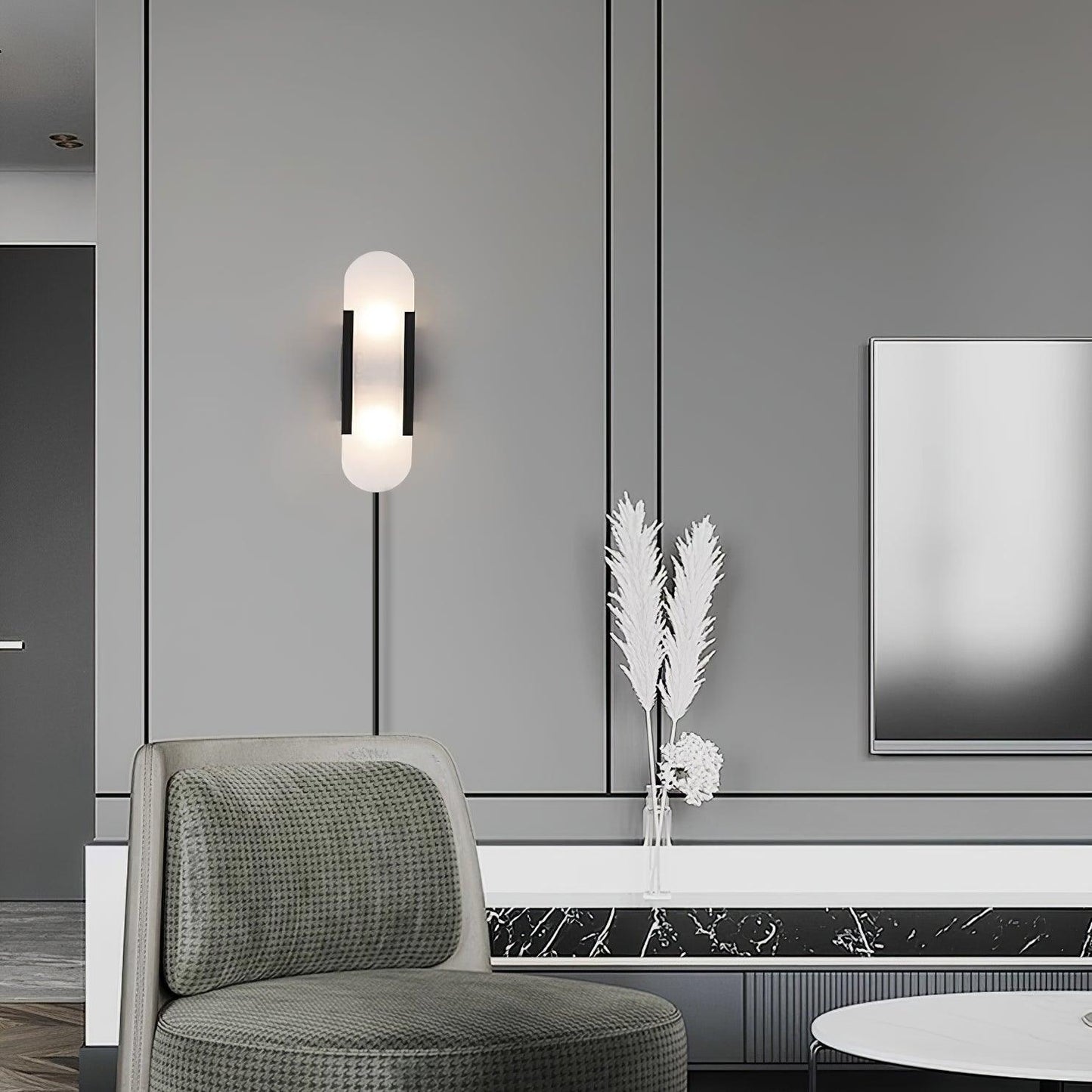 Elongated Alabaster Plug-In Wall Light / ∅ 3.9″ x H 19.7″ / Dia 10cm x H 50cm Set of 2 / Black / UK Plug