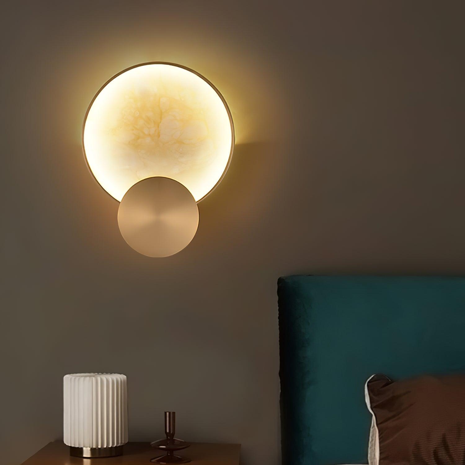 Gold Alabaster Cylinder Wall Light / ∅ 8.6″ x H 11.4″ / Dia 22cm x H 29cm Set of 2 / Gold & White Alabaster / Warm White