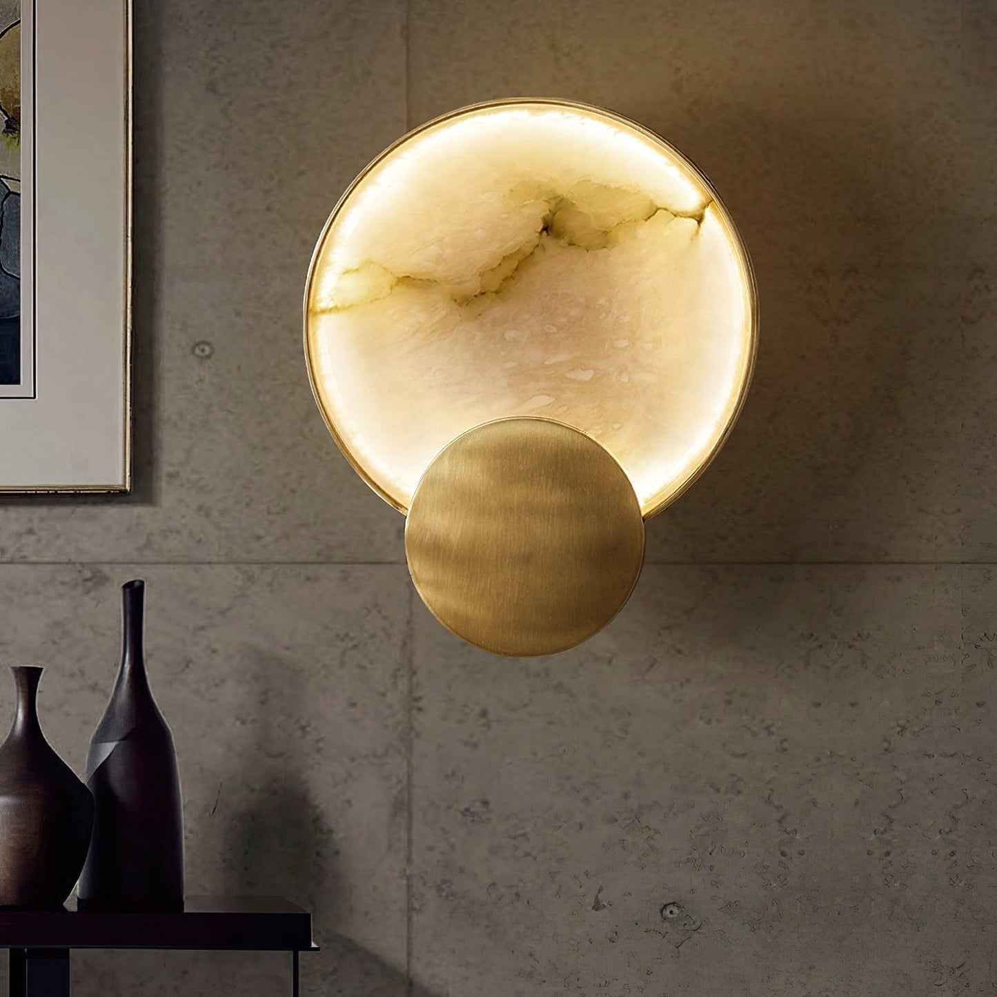 Gold Alabaster Cylinder Wall Light / ∅ 8.6″ x H 11.4″ / Dia 22cm x H 29cm Set of 2 / Gold & White Alabaster / Cool White