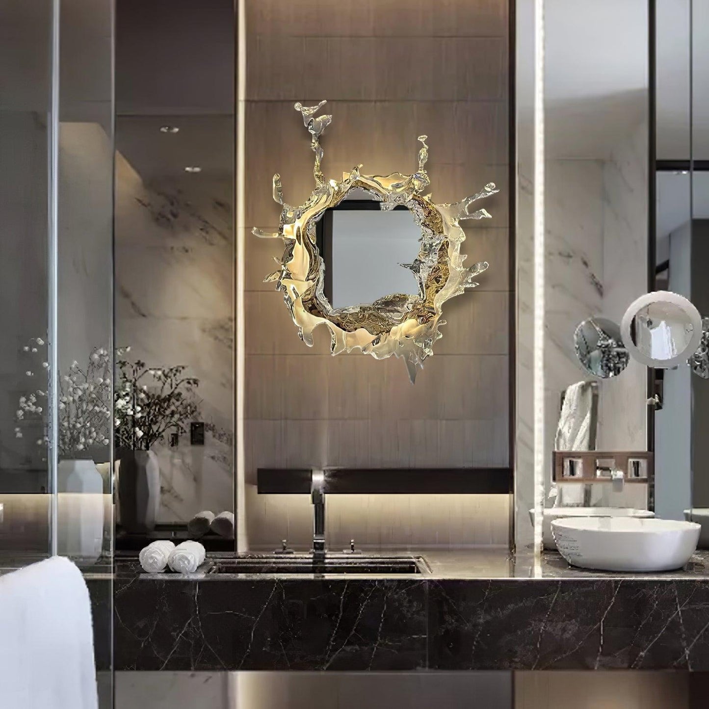 Illuminated Water Drop Crystal Mirror Wall Light / ∅ 17.7″ x H 17.7″ / Dia 45cm x H 45cm / Chrome & Clear / Cool Light