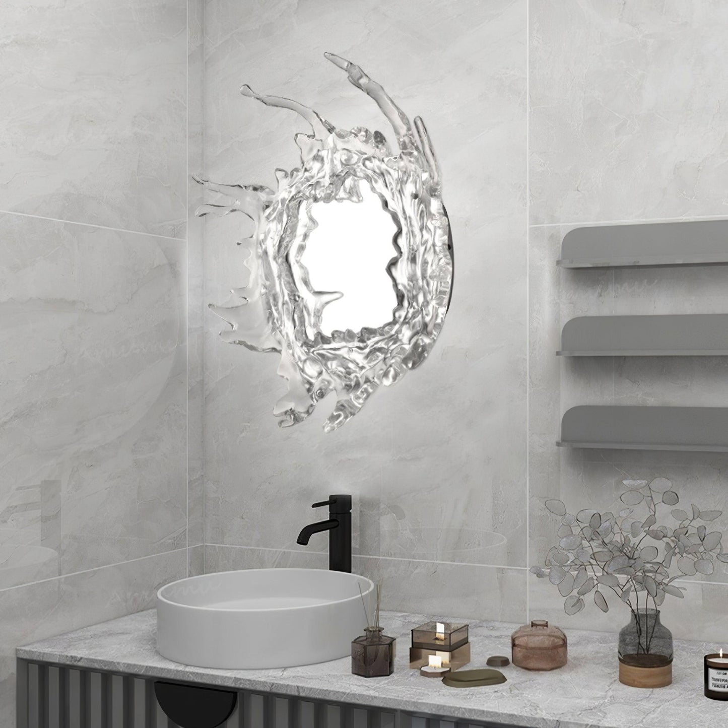 Illuminated Water Drop Crystal Mirror Wall Light / ∅ 34.3″ x H 34.3″ / Dia 87cm x H 87cm / Chrome & Clear / Cool Light
