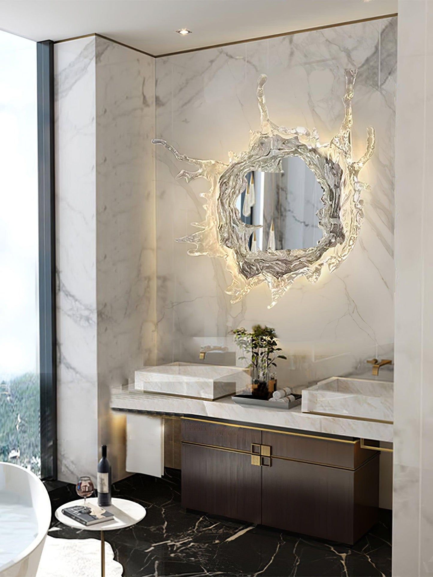 Illuminated Water Drop Crystal Mirror Wall Light / ∅ 43.3″ x H 43.3″ / Dia 110cm x H 110cm / Gold & Clear / Cool Light