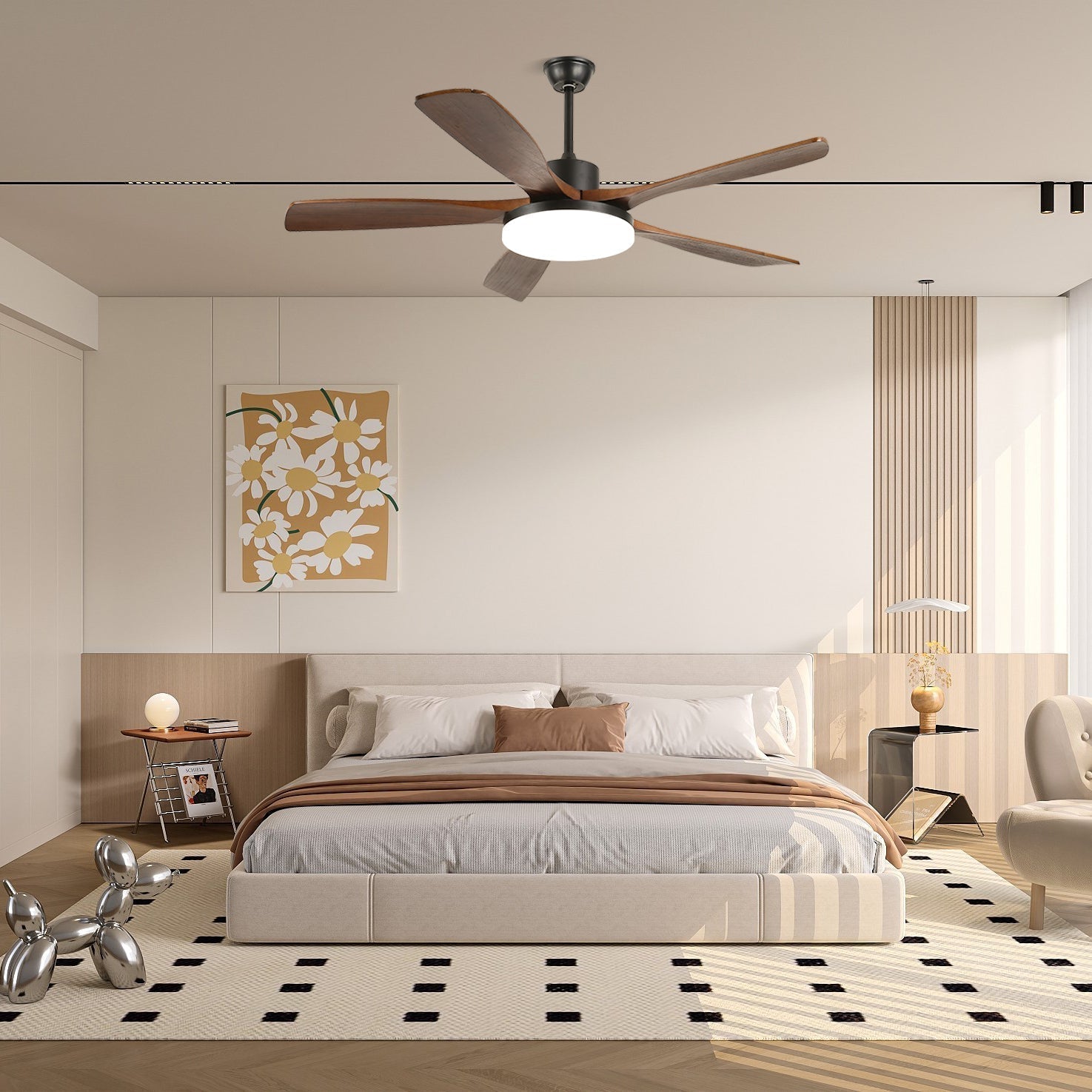 Modern Wood Grain LED Ceiling Fan Light / ∅ 42″ x H 11.8″ / Model B  Walnut Wood Grain & Black / Three-Color Changing Light