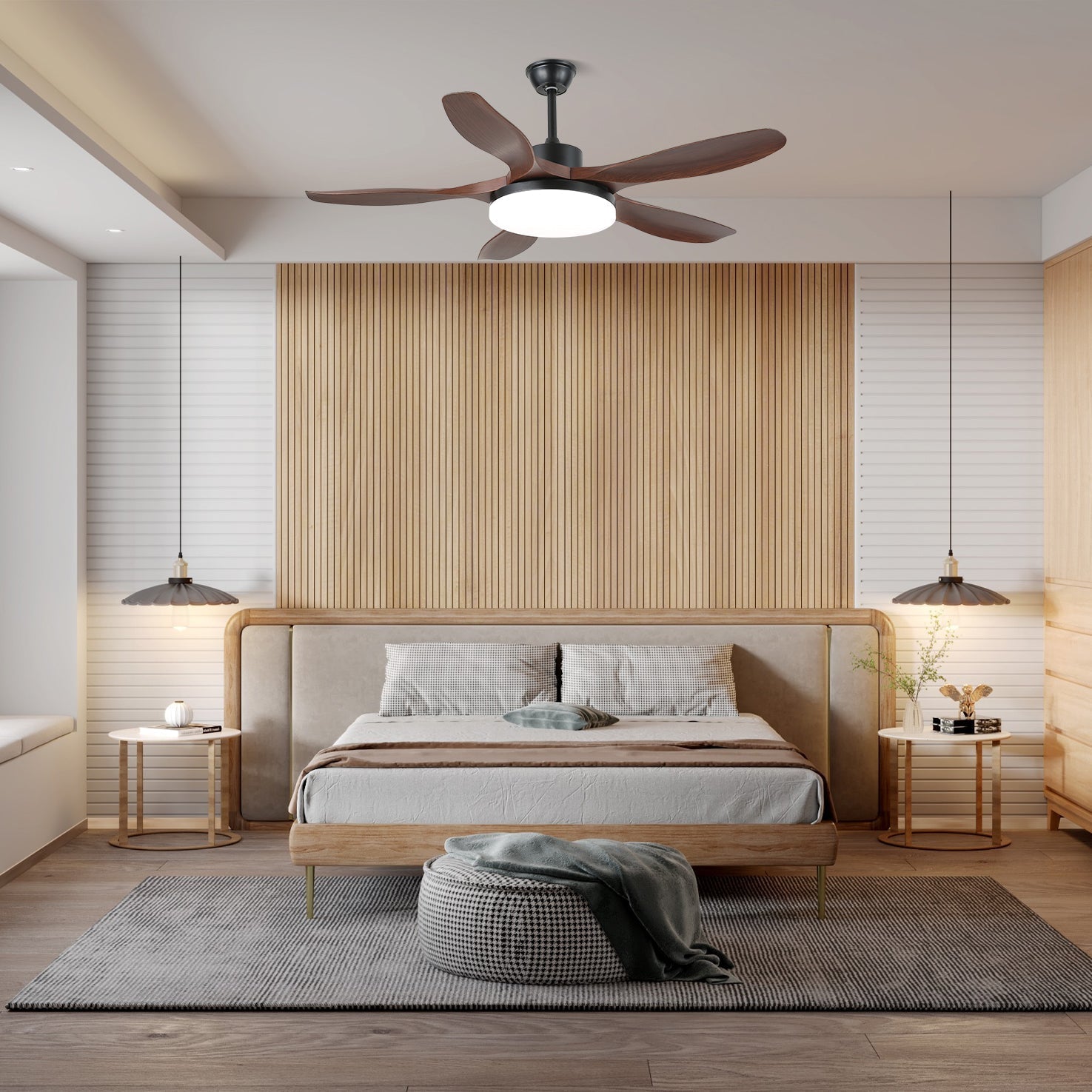 Modern Wood Grain LED Ceiling Fan Light / ∅ 42″ x H 11.8″ / Model C  Nature Wood Grain & White / Three-Color Changing Light