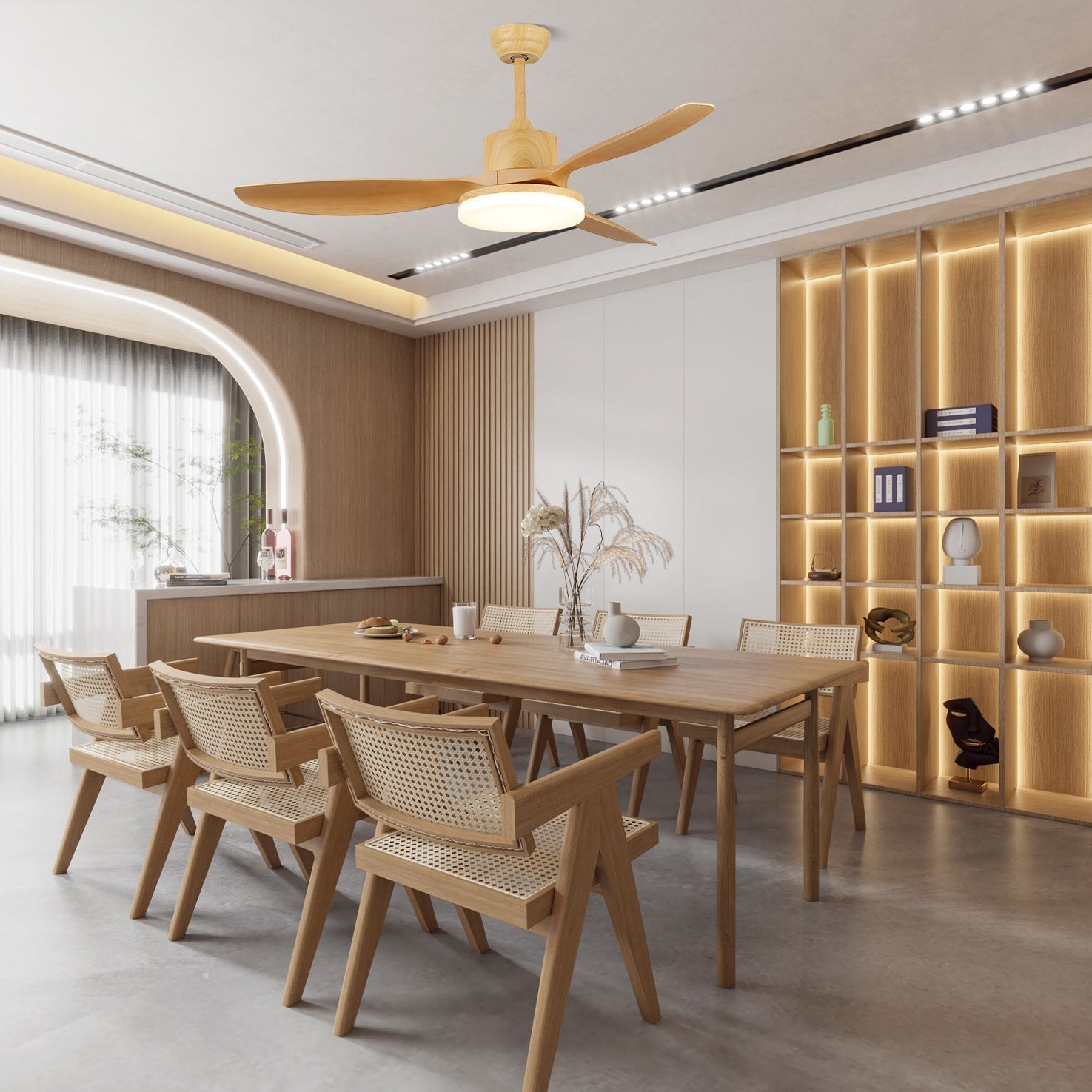 Modern Wood Grain LED Ceiling Fan Light / ∅ 42″ x H 11.8″ / Model E Nature Wood Grain / Three-Color Changing Light