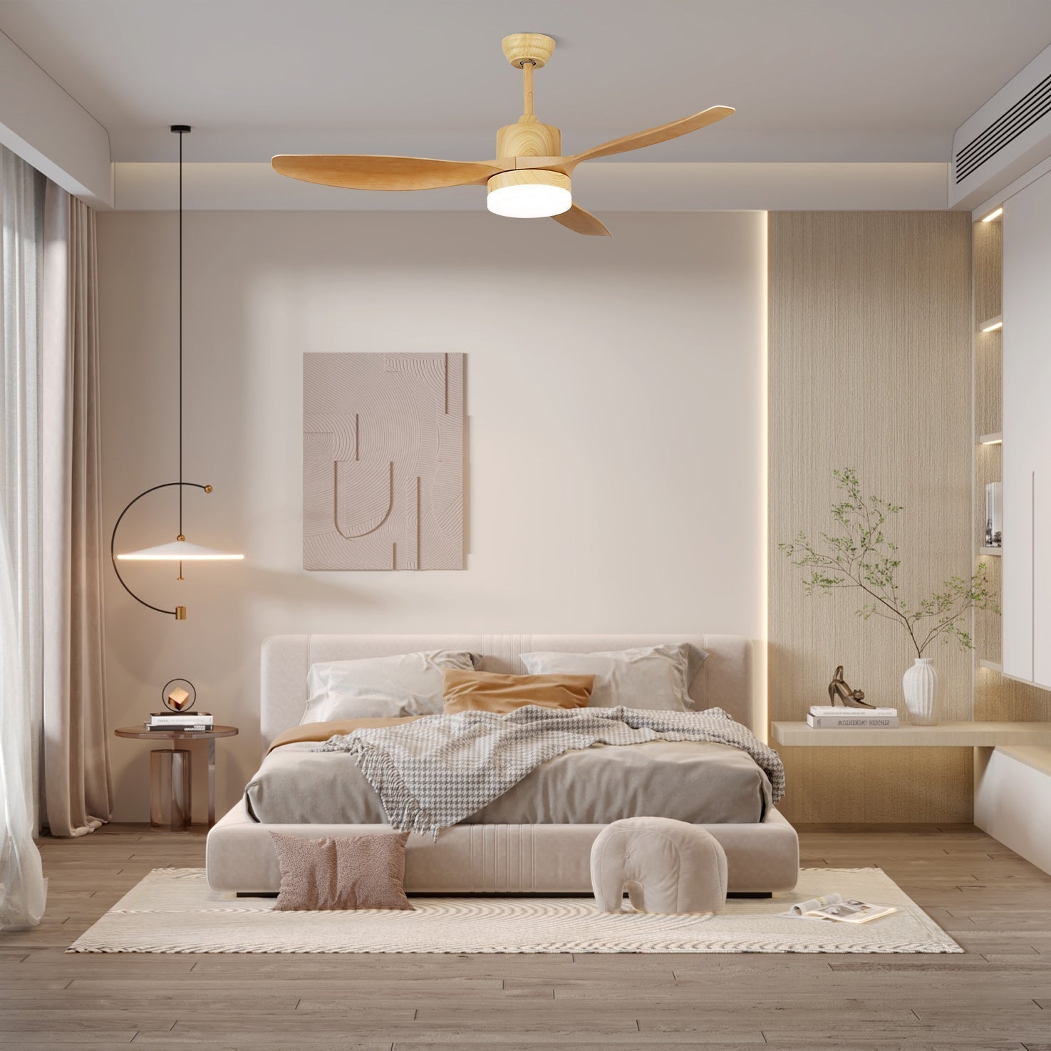 Modern Wood Grain LED Ceiling Fan Light / ∅ 42″ x H 11.8″ / Model F Nature Wood Grain / Three-Color Changing Light