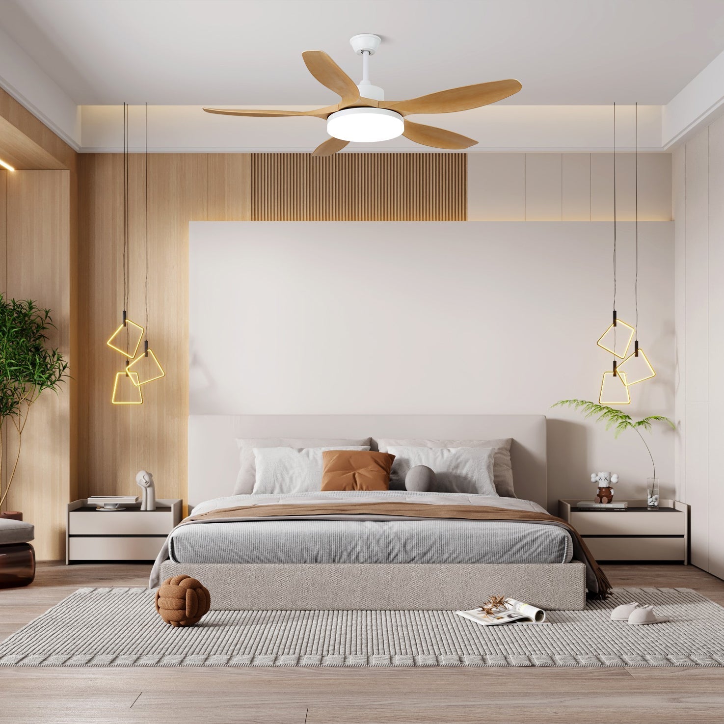 Modern Wood Grain LED Ceiling Fan Light / ∅ 52″ x H 11.8″ / Model A  Walnut Wood Grain & Black / Three-Color Changing Light