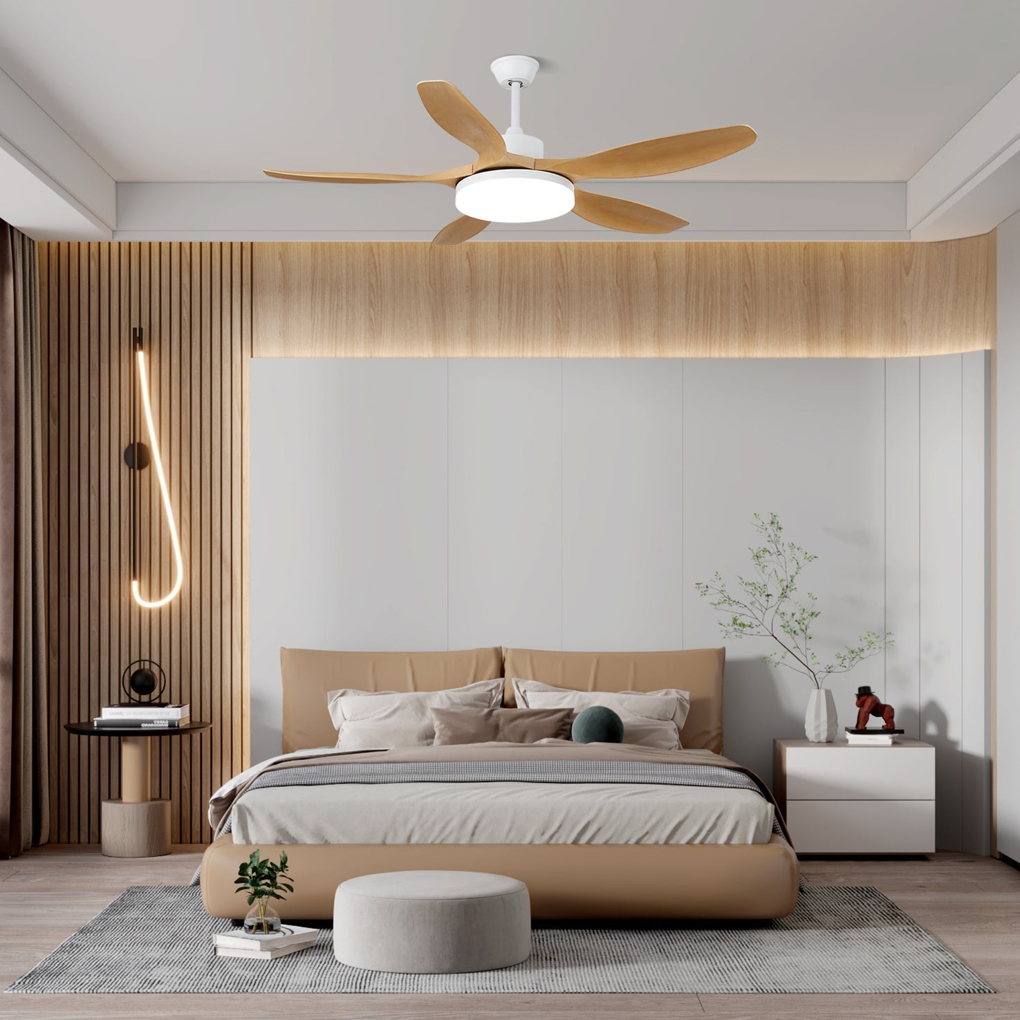 Modern Wood Grain LED Ceiling Fan Light / ∅ 52″ x H 11.8″ / Model B  Walnut Wood Grain & Black / Three-Color Changing Light