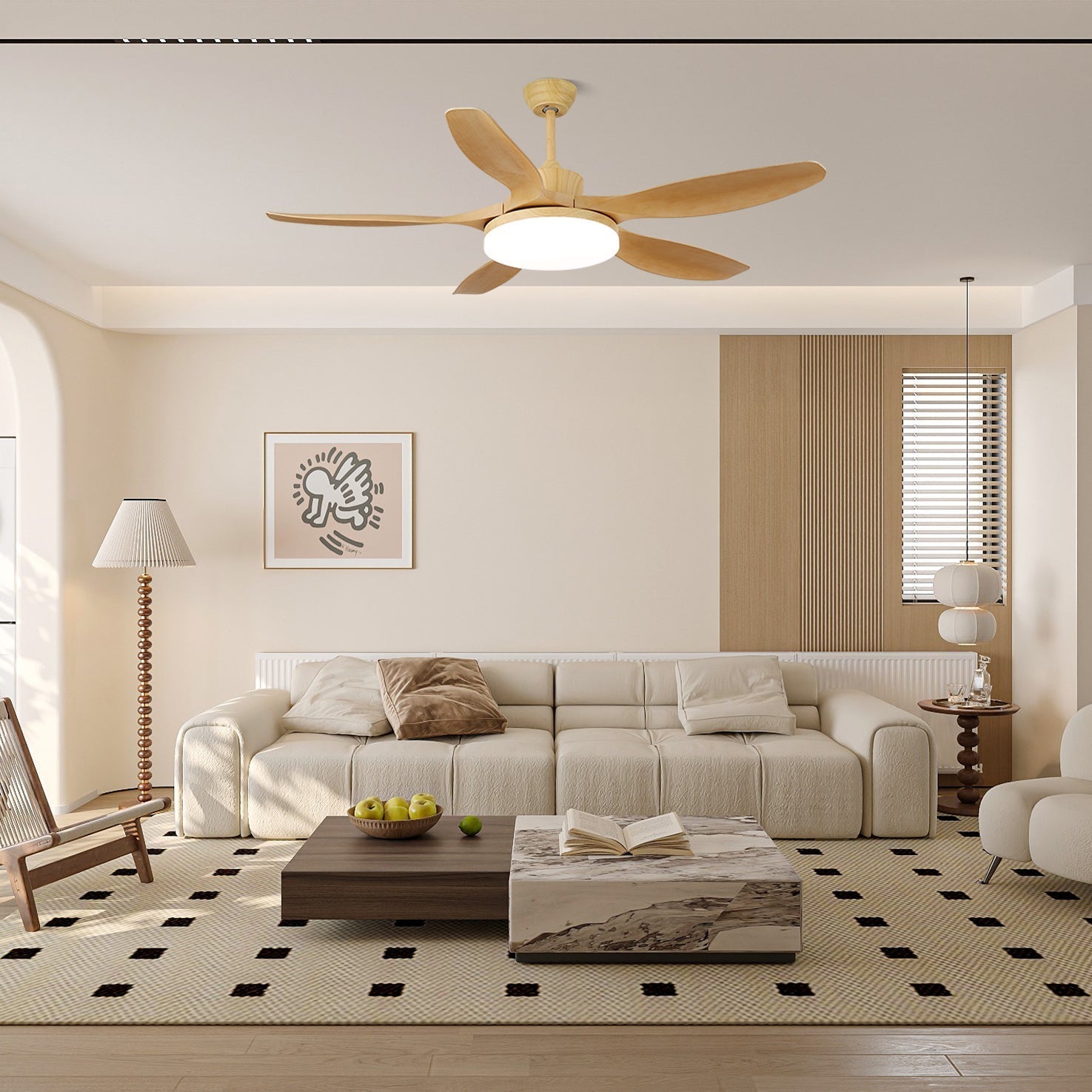 Modern Wood Grain LED Ceiling Fan Light / ∅ 52″ x H 11.8″ / Model C  Nature Wood Grain & White / Three-Color Changing Light