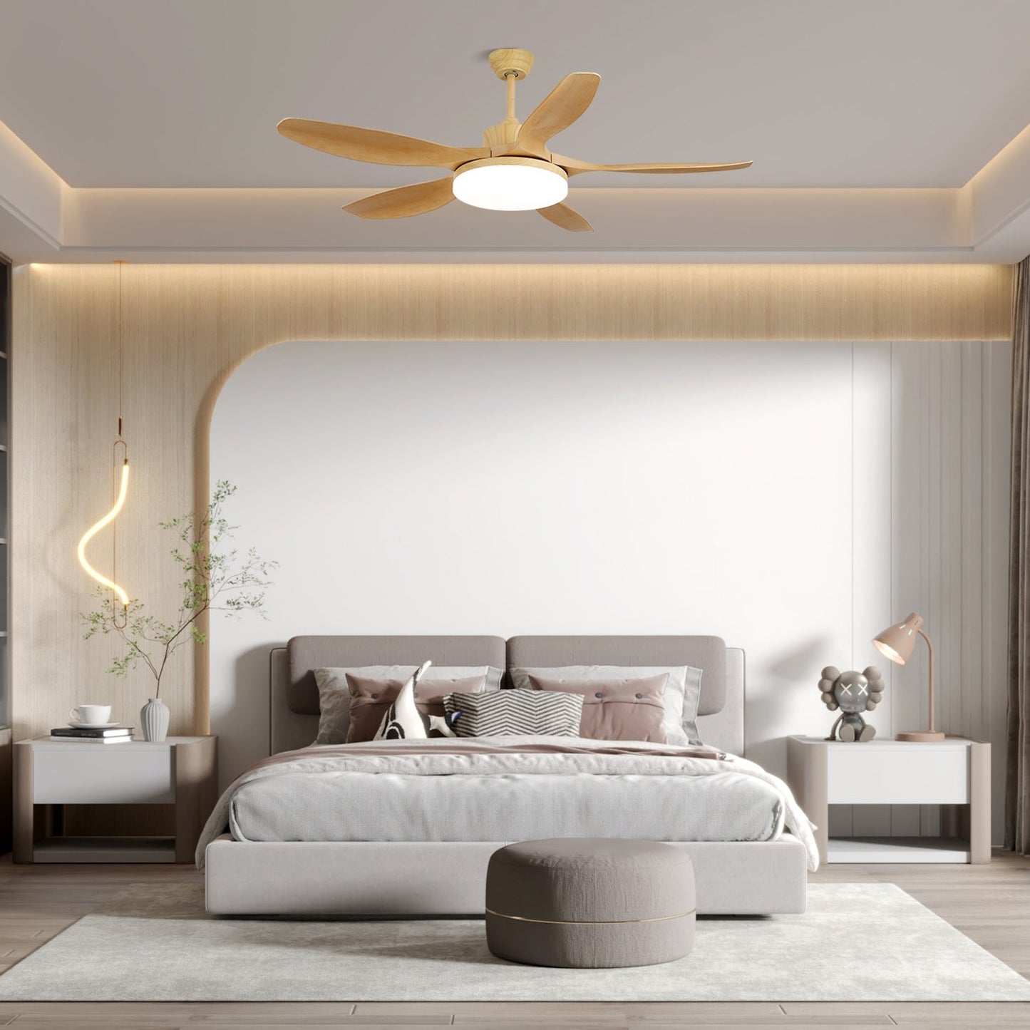 Modern Wood Grain LED Ceiling Fan Light / ∅ 52″ x H 11.8″ / Model D Nature Wood Grain / Three-Color Changing Light