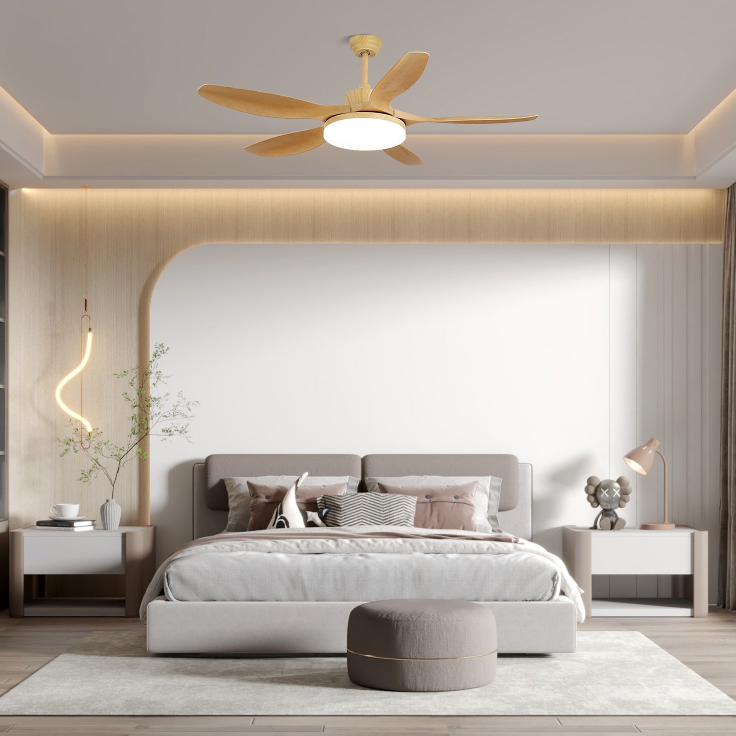 Modern Wood Grain LED Ceiling Fan Light / ∅ 52″ x H 11.8″ / Model D Nature Wood Grain / Three-Color Changing Light