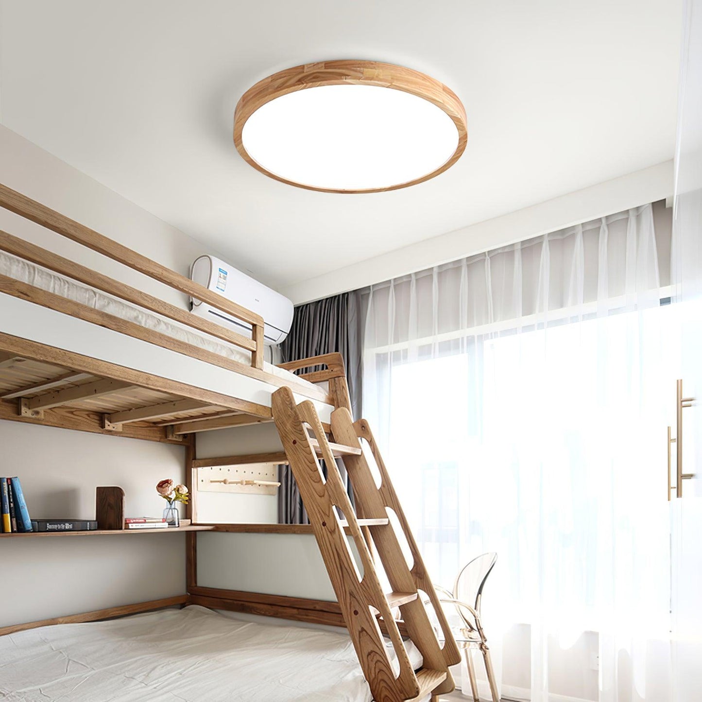 Natural Wood Geometric LED Ceiling Light / Circle Size: ∅ 11.8″ x H 2.7″ / Dia 30cm x H 6cm / Wood color / Three-Color Changing Light