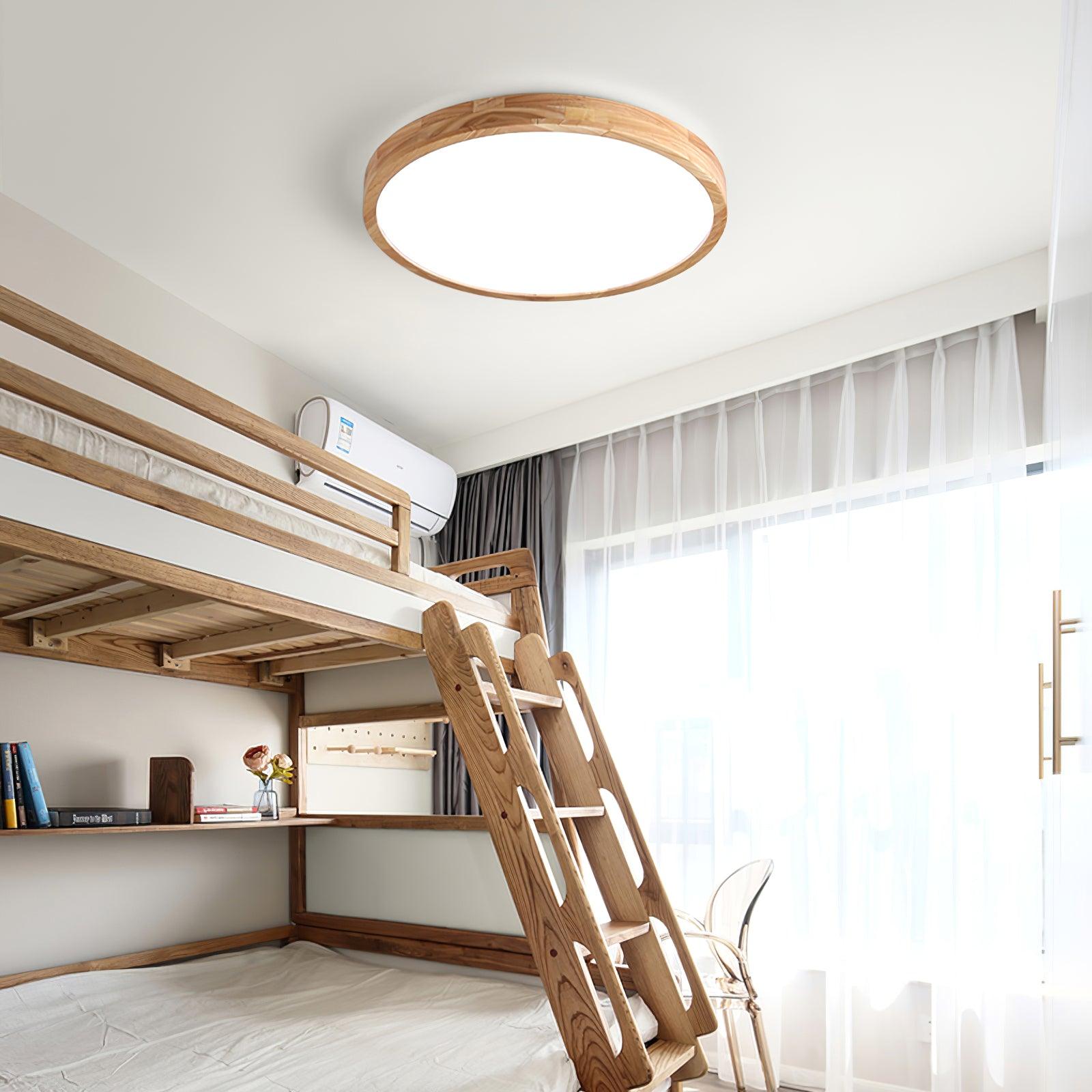 Natural Wood Geometric LED Ceiling Light / Circle Size: ∅ 11.8″ x H 2.7″ / Dia 30cm x H 6cm / Wood color / Three-Color Changing Light