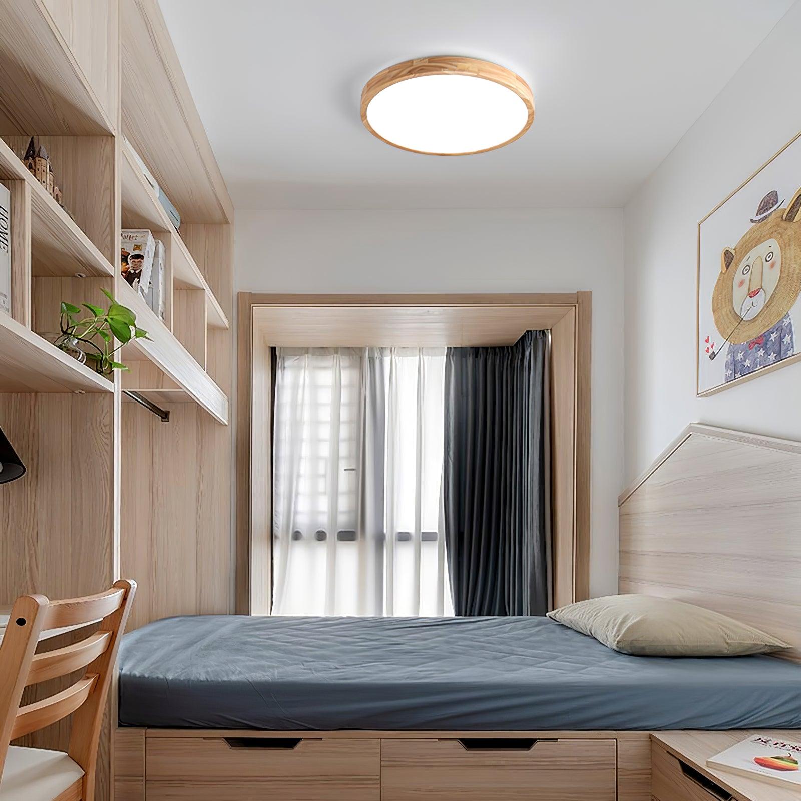 Natural Wood Geometric LED Ceiling Light / Circle Size: ∅ 15.7″ x H 2.7″ / Dia 40cm x H 6cm / Wood color / Warm White