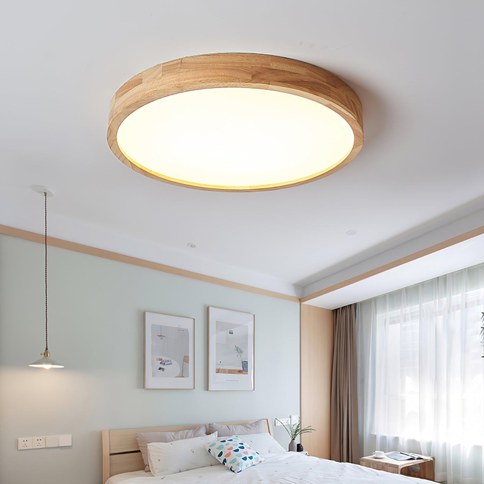 Natural Wood Geometric LED Ceiling Light / Circle Size: ∅ 19.7″ x H 2.7″ / Dia 50cm x H 6cm / Wood color / Cool White