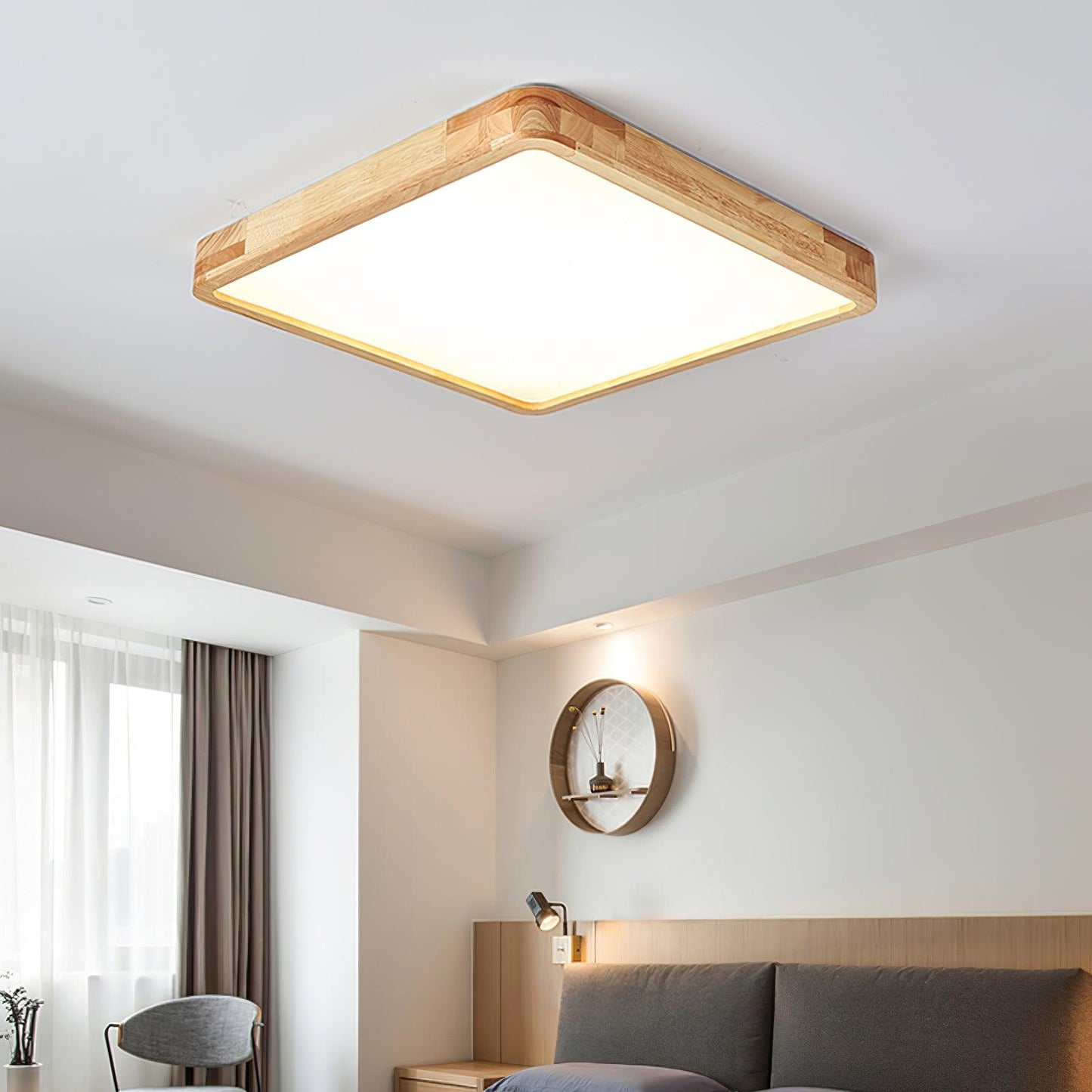 Natural Wood Geometric LED Ceiling Light / Circle Size: ∅ 19.7″ x H 2.7″ / Dia 50cm x H 6cm / Wood color / Three-Color Changing Light
