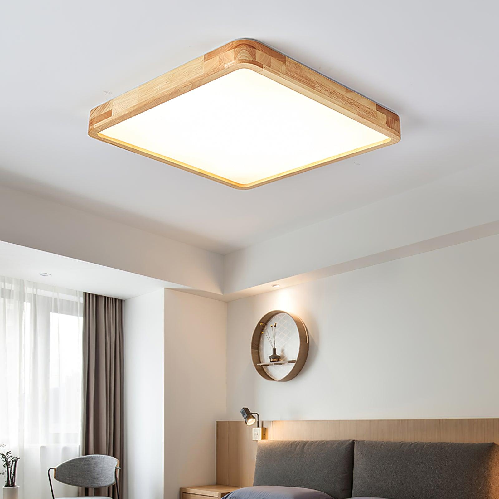 Natural Wood Geometric LED Ceiling Light / Circle Size: ∅ 19.7″ x H 2.7″ / Dia 50cm x H 6cm / Wood color / Three-Color Changing Light