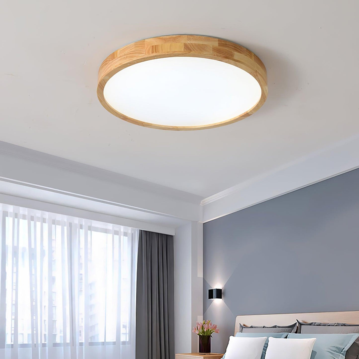 Natural Wood Geometric LED Ceiling Light / Circle Size: ∅ 23.6″ x H 2.7″ / Dia 60cm x H 6cm / Wood color / Cool White