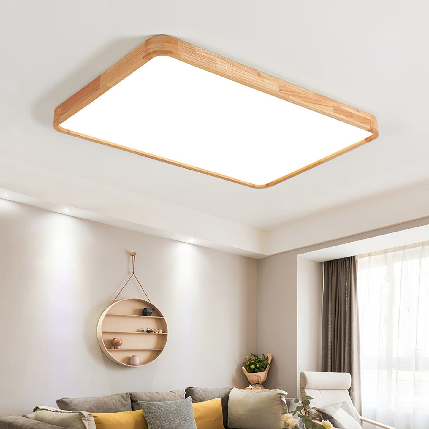 Natural Wood Geometric LED Ceiling Light / Square Size: L 11.8″ x W 11.8″ x H 2.7″ / L 30cm x W 30cm x H 6cm / Wood color / Warm White