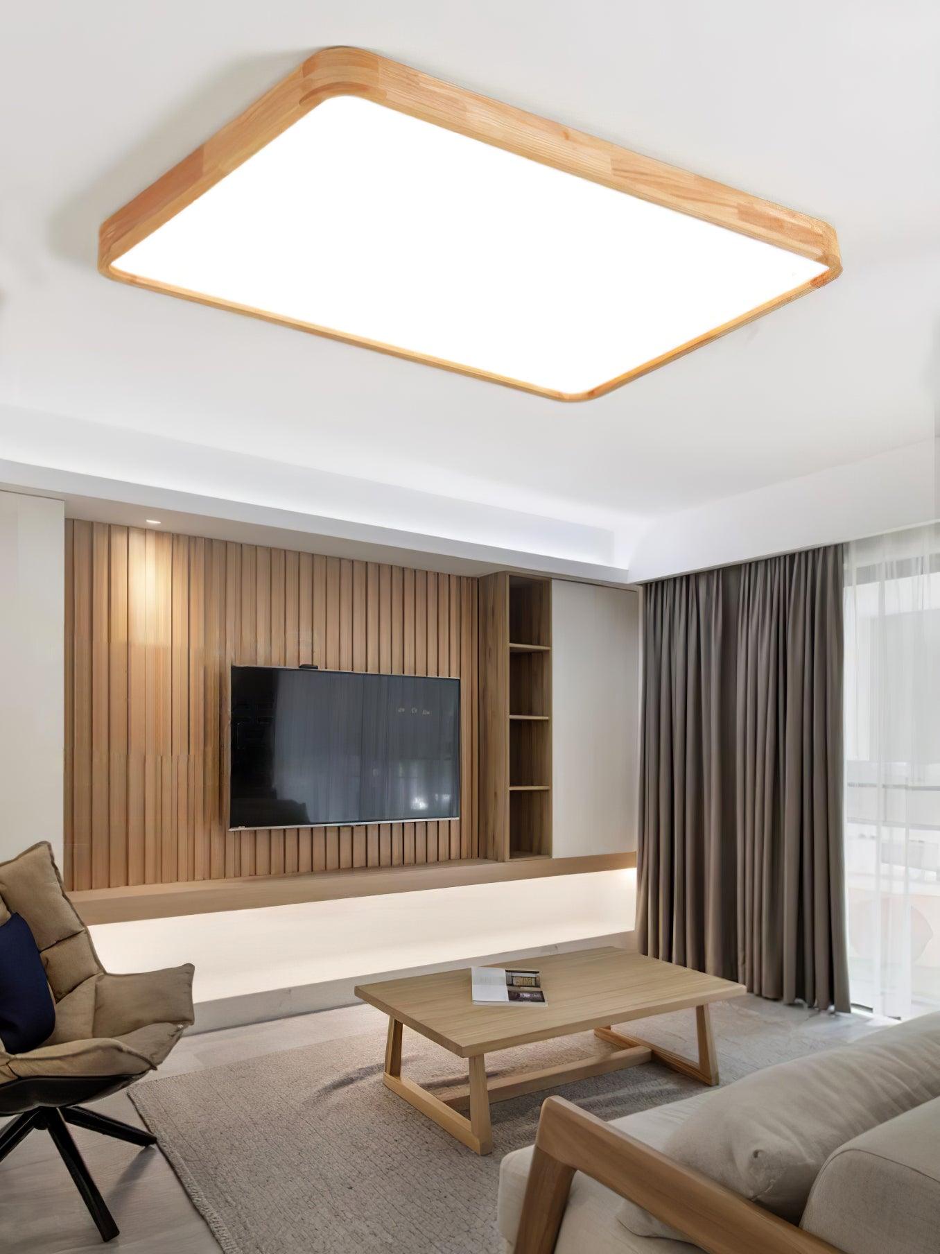 Natural Wood Geometric LED Ceiling Light / Square Size: L 11.8″ x W 11.8″ x H 2.7″ / L 30cm x W 30cm x H 6cm / Wood color / Three-Color Changing Light