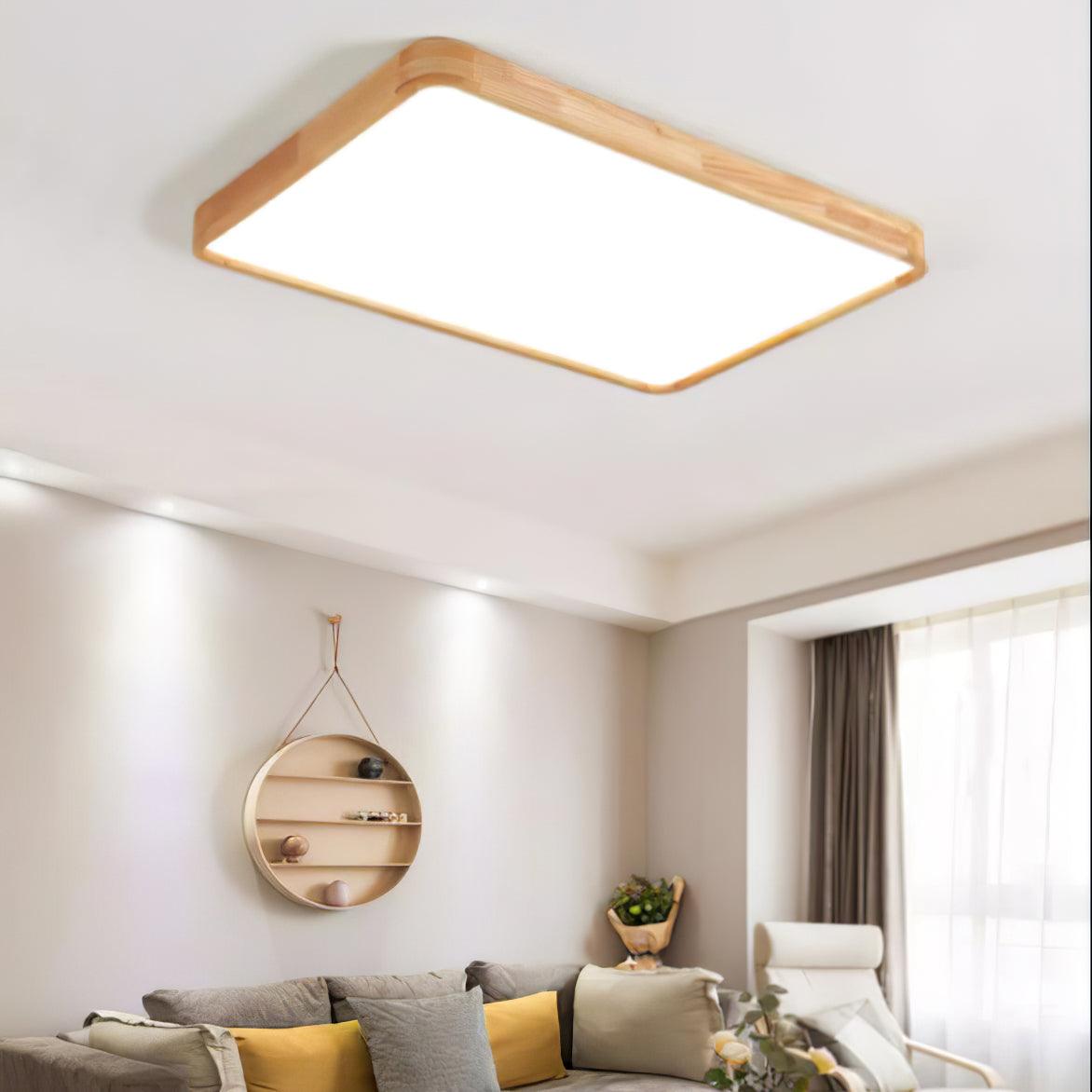 Natural Wood Geometric LED Ceiling Light / Square Size: L 15.7″ x W 15.7″ x H 2.7″ / L 40cm x W 40cm x H 6cm / Wood color / Warm White