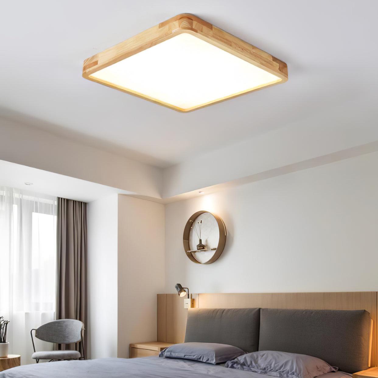 Natural Wood Geometric LED Ceiling Light / Square Size: L 15.7″ x W 15.7″ x H 2.7″ / L 40cm x W 40cm x H 6cm / Wood color / Cool White